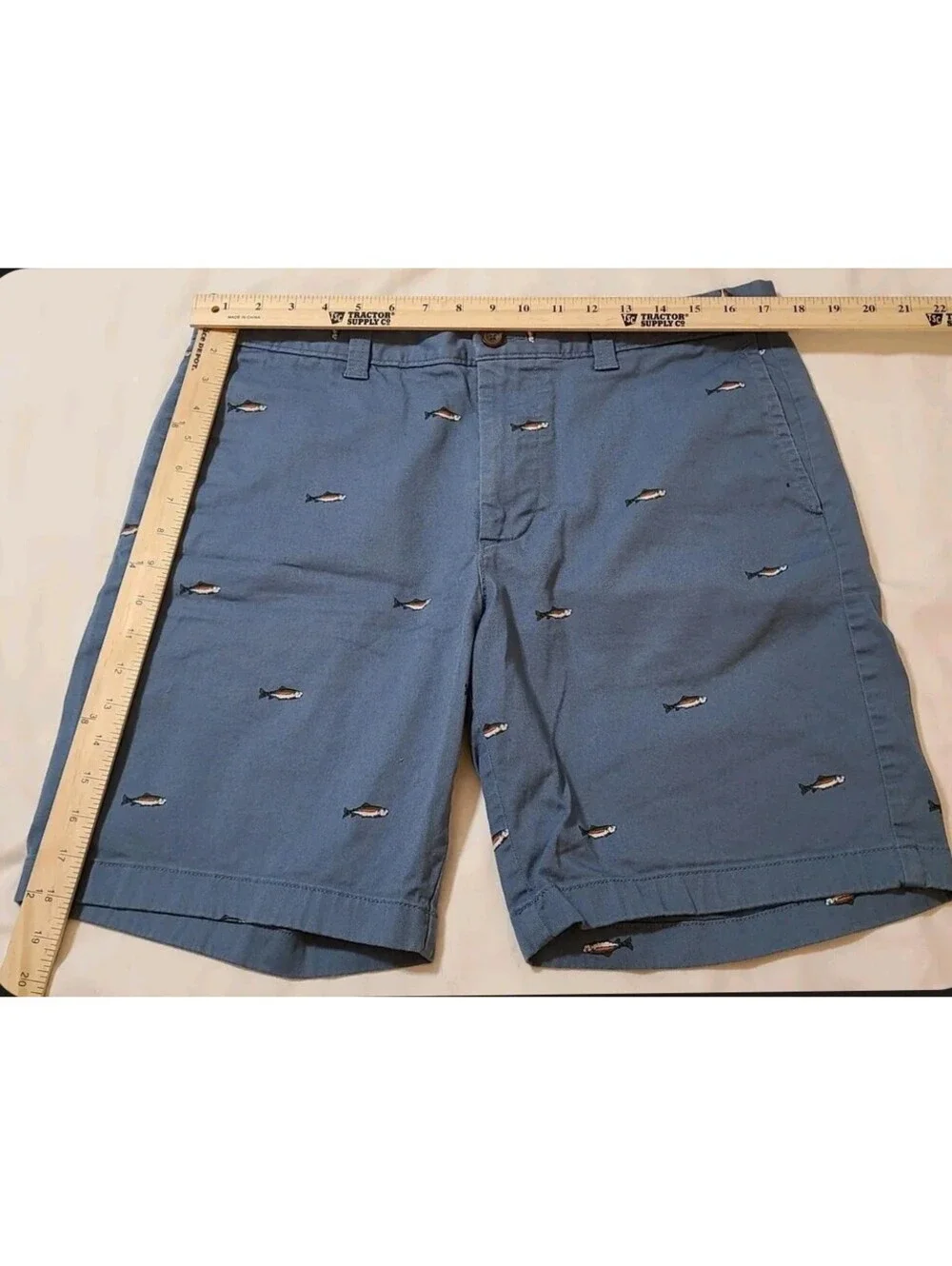 J Crew Chino Shorts Mens Sz 34x9 Blue Troit Fish Embroidered Golf Summer Coastal